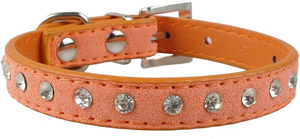 Cute Dazzling Elegant Fancy Suede Leather Bling Rhinestone Crystal Jeweled Small Pet Collar, Orange, M
