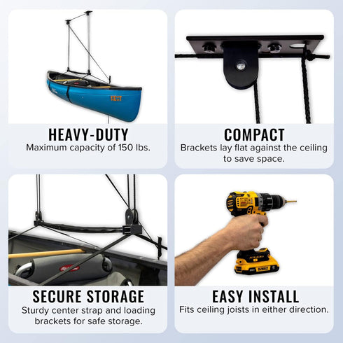 StoreYourBoard Kayak and Canoe Ceiling Pulley System, Heavy Duty Garage Mount Storage Hoist, Holds 150 lbs