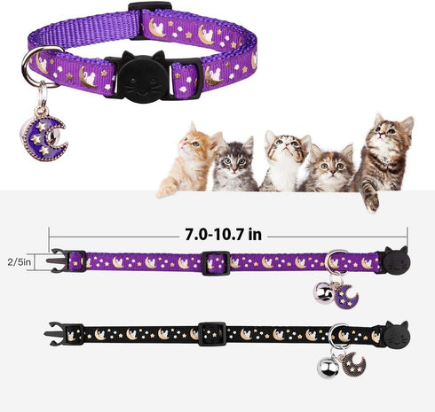 2Pcs Adjustable Breakaway Cat Collars with Bell & Pendant - Glow in The Dark, Purple + Black for Boy & Girl Cats