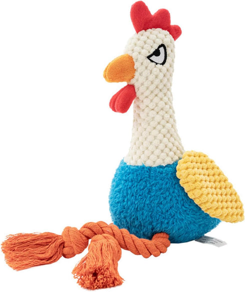Shinsto Soft Squeaky Rooster Plush with Gentle Crinkle and Rope Teether Legs Interactive Chew Toy for Teething Small