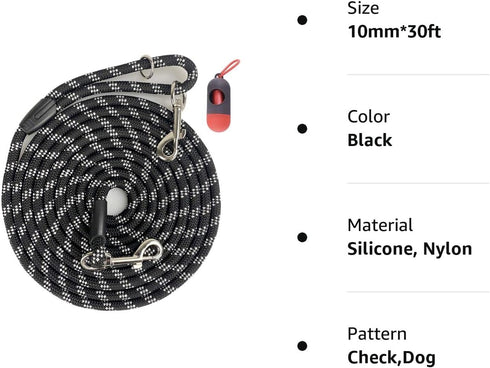 Long Rope Dog Leash for Training, 12FT 20FT 30FT 50FT Reflective Threads for Large Medium Small Dogs