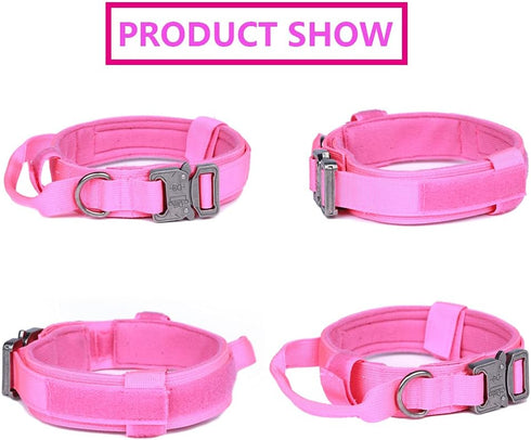 Tactical Dog Collar, Adjustable Military Nylon Collar with Heavy Duty Metal Buckle and Handle for Dog Training (Pink,
