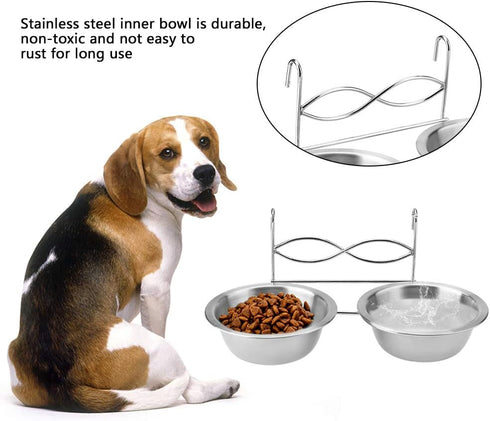 Stainless Steel Dual Hanging Food Water Bowl Feeder with Hook for Cat, Dog, Puppy Crate, Cage, and Kennel