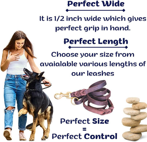Leather Dog Leash, Heavy Duty Genuine Braided Training Leash, Soft Comfortable for Large Medium Small Dogs, Brown