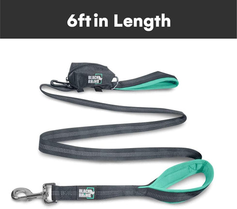 Black Rhino Heavy Duty Dog Leash, 6 ft Long, Double Handle, Padded Traffic Control, Reflective, Aqua