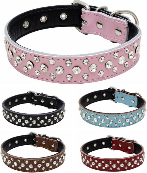 Rhinestones Dog Collar - Adjustable Sparkly Crystal Studded Genuine Leather Collar for Small and Medium Dogs (S, Purple)