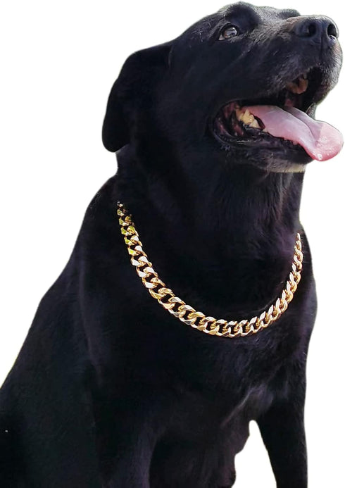 Gold Chain Dog Collar - 3/4 Width Cuban Link Necklace, Cute Fashion Pet Collar for Pit Bulldog, Light Metal Jewelry