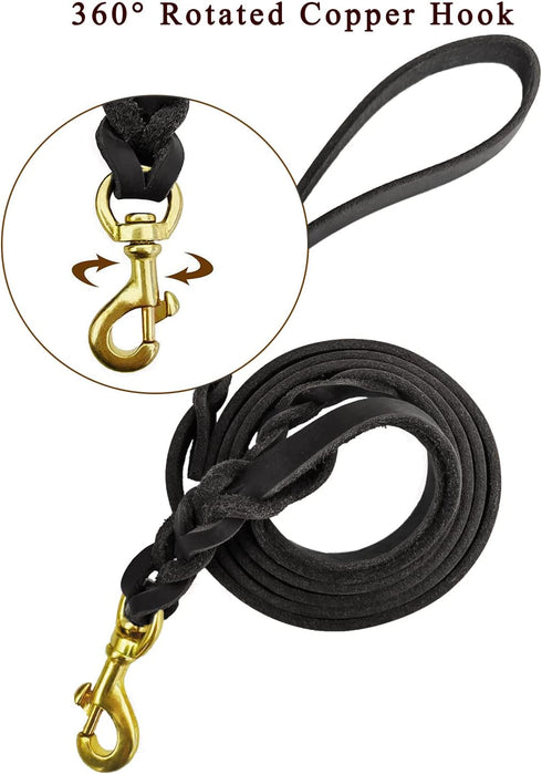 6 Foot Double Handle Leather Dog Leash, Heavy Duty Braided Lead for Small Medium Large Dogs with Traffic Handle