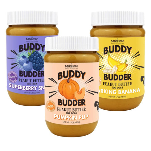 BUDDY BUDDER Bark Bistro Company, Superberry Snoot + Barkin Banana + Pumpkin Pup, 100% Natural Dog Peanut Butter,