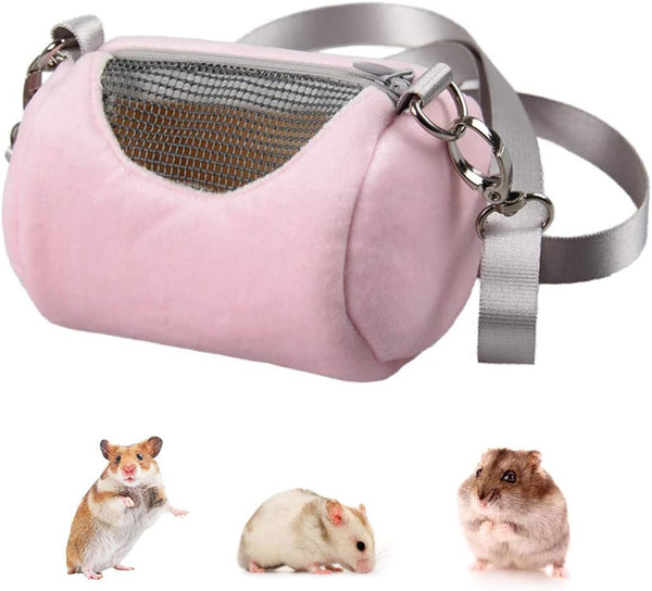Dwarf Hamster Carrier Bag, Portable Cylinder Warm Outdoor Bag with Adjustable Shoulder Strap (Pink)