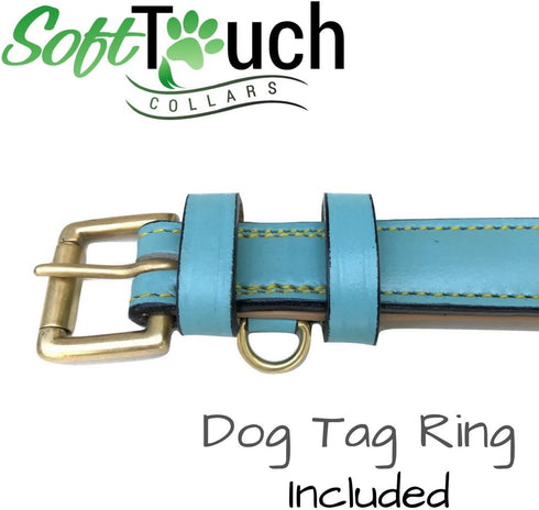 Medium Size Leather Dog Collar - Turquoise with Beige Padding