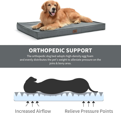 Orthopedic Dog Bed for Large Dogs, Washable Dog Crate Bed with Egg Crate Foam and Removable Oxford Cooling Cover, Grey