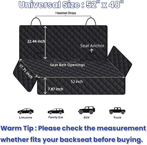 Dog Seat Cover for Back Seat, Waterproof Car Bench Seat Covers for Cars, Trucks & SUVs (Black, 52"x48")