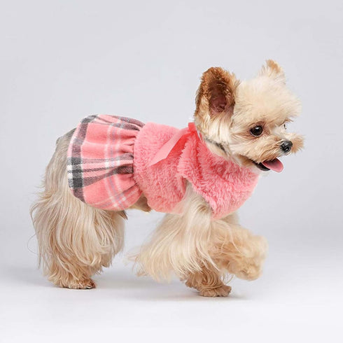 Dog Sweater for Small Dogs, Warm Fleece Dress for Fall, Plaid Pink Sweater for Chihuahua Yorkie Teacup Dogs