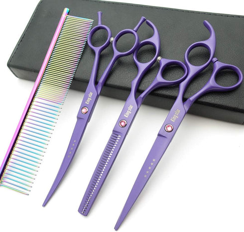 KINGSTAR 7.0in. Set,Straight Set Comb,case,A429 Matt Purple Professional Pet Grooming Scissors & Thinning & Curved