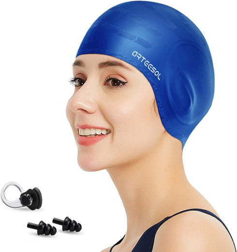 Swimming Cap, Silicone Swim Cap for Women and Men, Durable Non-Slip Waterproof for Long Hair, Protect Ears