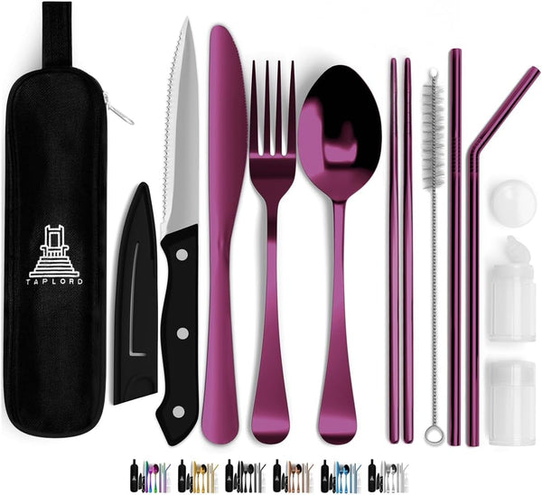 Portable Travel Silverware Set, 10 Pcs Stainless Steel Utensils with Case, Lightweight for Camping, Purple