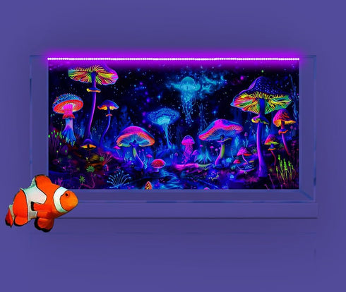 72X24IN Blacklight Mushroom Jellyfish Aquarium Background, UV Reactive Starry Sky Terrarium Background.
