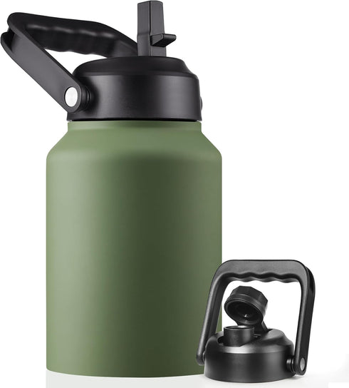 Half Gallon Insulated Water Bottle Jug, 64 oz Stainless Steel Sports Flask with Handle, 2 Lids, Army Green