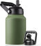 Half Gallon Insulated Water Bottle Jug, 64 oz Stainless Steel Sports Flask with Handle, 2 Lids, Army Green
