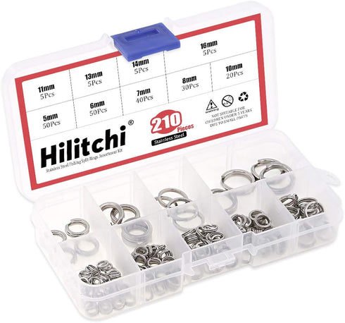 Hilitchi 210Pcs Fishing Tackle Split Rings, High Strength Stainless Steel, 9 Sizes for Heavy Fishing Lures Connector
