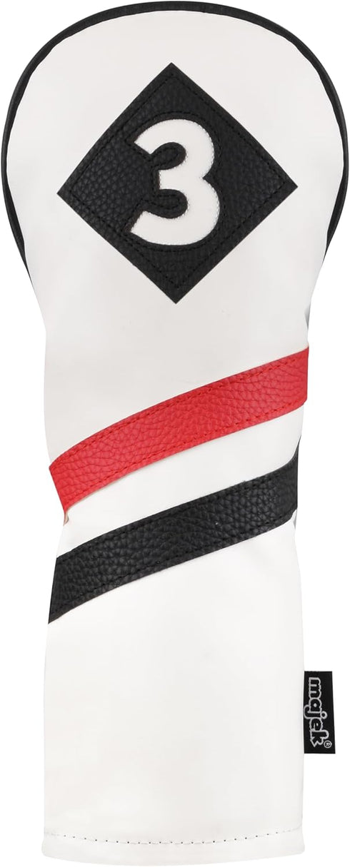 Majek Retro Golf Headcovers, White Red and Black Vintage Leather Style for 1, 3, 5, X H Driver Fairway Covers