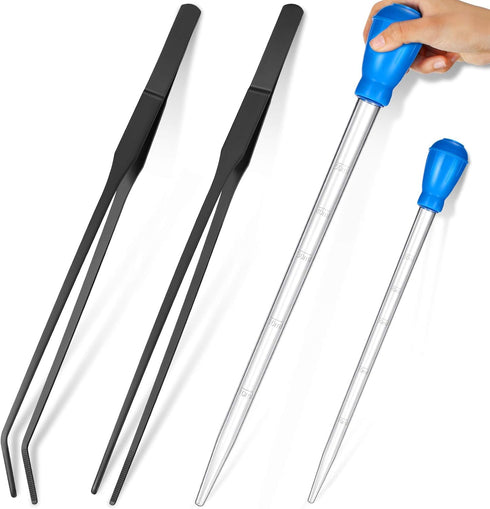 2 Pieces Aquarium Coral Feeder with Stainless Steel Feeding Tweezers, Syringe Spot Coral Feeding Tools (Blue, Black)
