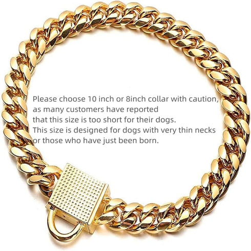 Gold Dog Chain Collar, 10mm Wide Cuban Link Puppy Collar with CZ Diamond Lock for Medium Dogs (14inch)