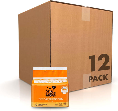 Wags & Wiggles Female Dog Diapers, X-Small, 12"-15" Waist, Disposable Doggie Diapers (Pack of 12)