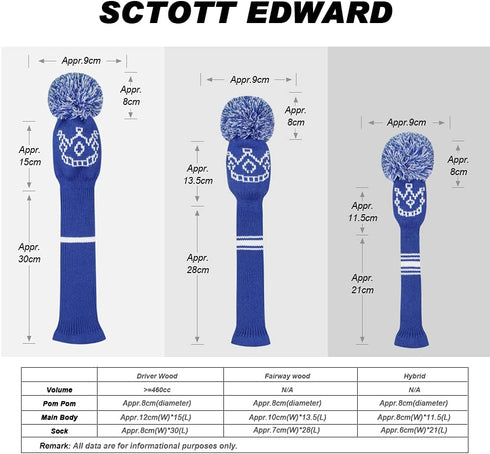 Scott Edward Golf Headcovers Set of 3 for Woods - Fits Driver (460cc), Fairway Wood & Hybrid (UT)