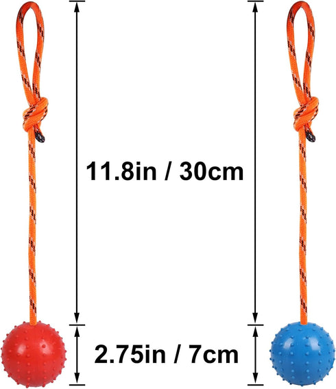 2 Pack Dog Ball, K9 Ball, Solid Rubber Ball on Rope for Reward, Fetch, Play (Blue and Red)