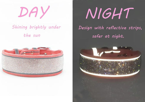 Bling Diamond Dog Collar for Girls, Soft Velvet Leather with Sparkly Crystal Rhinestones, Reflective Stripe, Medium