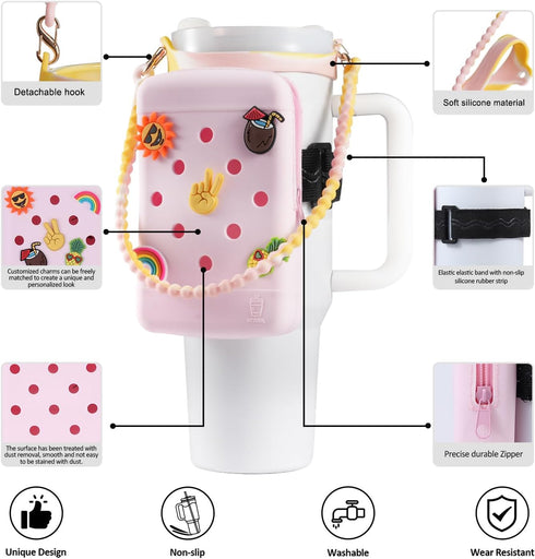 Water Bottle Pouch with Charm and Handle, Silicone Carrier Bag with Strap for Stanley Quencher Adventure