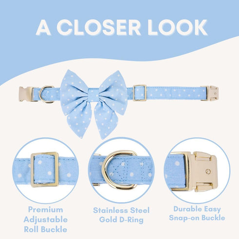 Adjustable Pet Bow Tie and Dog Collar for Small Medium Large Dogs, Cute Lady Bow and Dog Collars, Blue Polka Dots, Large