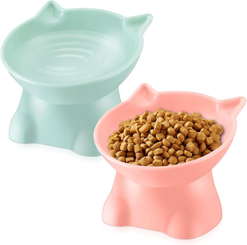2 Pcs Plastic Elevated Cat Bowls, Tilted Cat Food and Water Bowls for Kittens, Pink and Green Cat Accessories