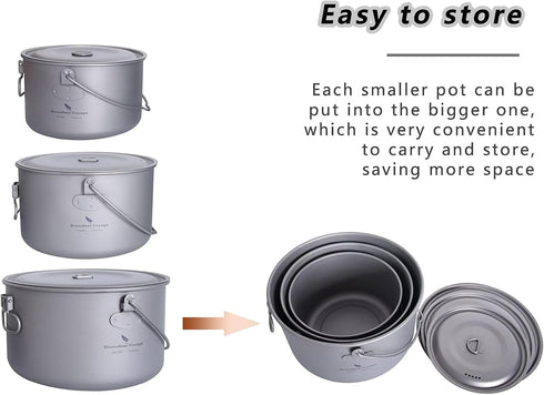 Outdoor 750ml - 2900ml Titanium Pot with Lid, Folding Bail Handle Camping Hiking Picnic Set
