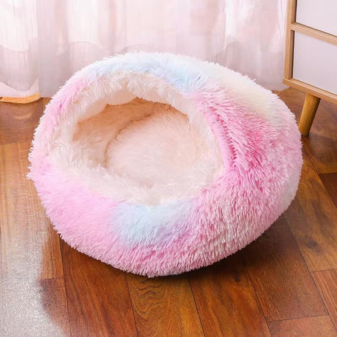 Cat Bed Round Fluffy Hooded Cat Bed Cave, Anti-Anxiety Cave Bed with Hooded Blanket, Cozy Cuddler Luxury Puppy Pet Bed, Anti-Slip Bottom and Machine Washable (Rainbow, Medium)
