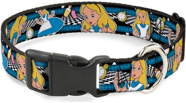 Buckle-Down Plastic Clip Collar - Alice in Wonderland Poses/Clock/Stripe Black/White/Blues - 1" Wide