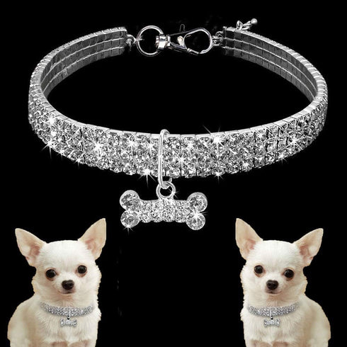 Dogs Kingdom 3 Rows Rhinestones Necklace Pet Cat Dog Collar, Bling Rhinestone Bone Jewelry, White, S:8-10" Neck