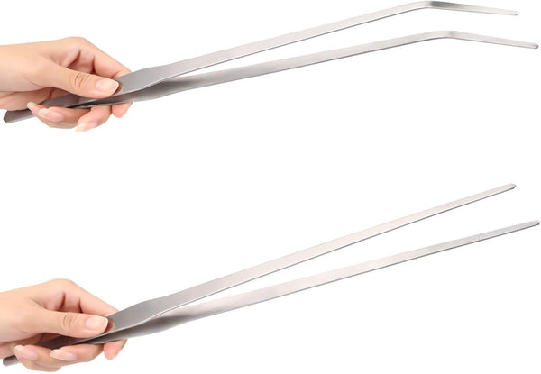Long Tweezers for Aquarium 15 inch - 2 Pcs Stainless Steel Reptile Feeding Tongs, Curved and Straight Design