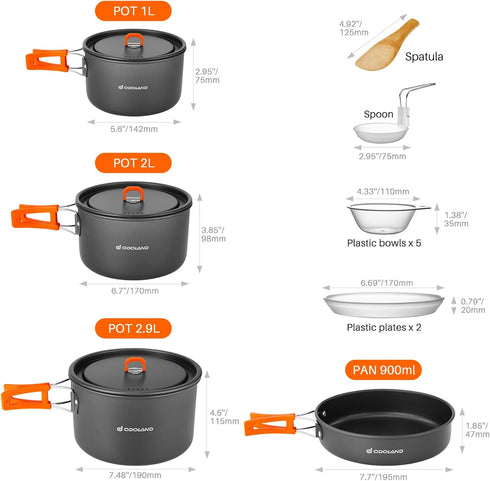 Odoland 15pcs Lightweight Non-Stick Camping Cookware Pots and Pans Set with Plastic Plates and Bowls