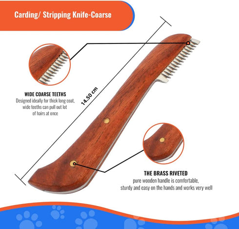 Professional Stripping Knife for Dogs - Pack of 6, Stainless Steel Blades with Wooden Handle Grip