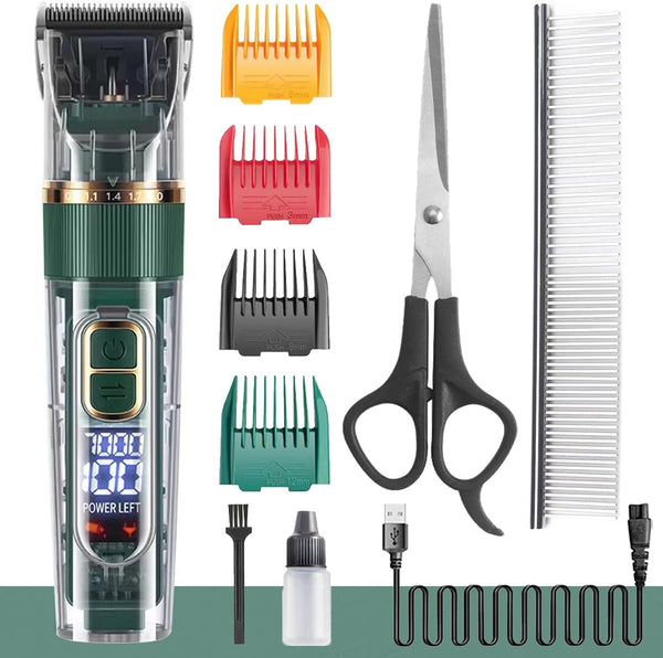 Dog Hair Clippers, Dog Grooming Clippers Kit with LED Display, Low Noise Heavy Duty Pet Hair Shaver Trimmers (Green)