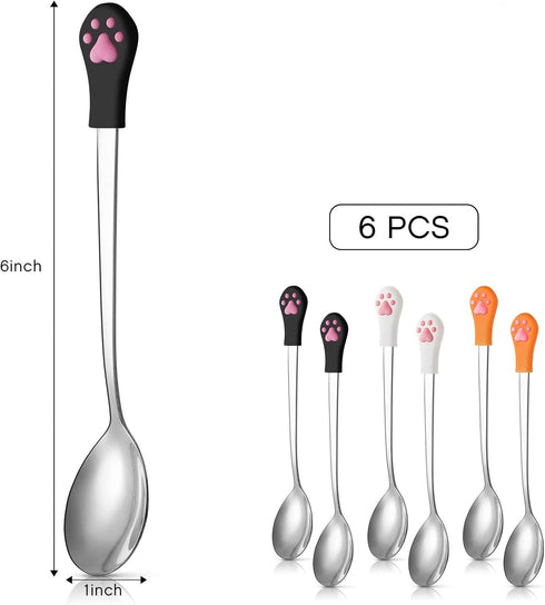 6 Pieces Stainless Steel Pet Food Spoon Set, Cute Cat Claw Silicone Handle (White, Black, Orange)
