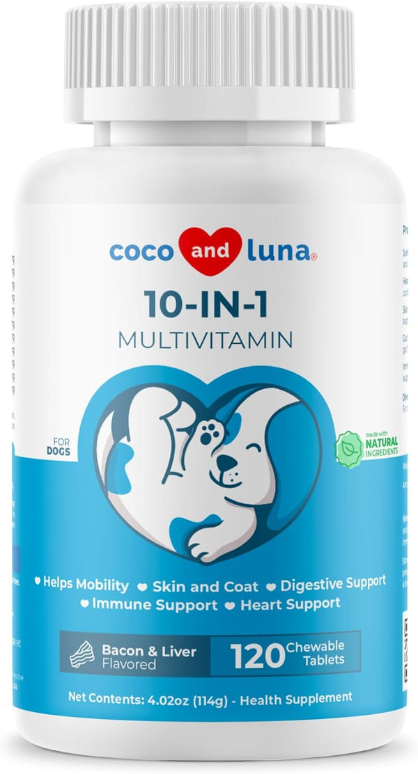 10 in 1 Multivitamin for Dogs, 120 Chewable Tablets with Glucosamine, Fish Oil & Vitamins for Health Support