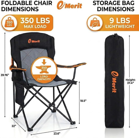 350LB EMERIT Oversized Padded Camping Chair, Heavy Duty Quad Fold Chair with Arms, Collapsible Outdoor Chairs
