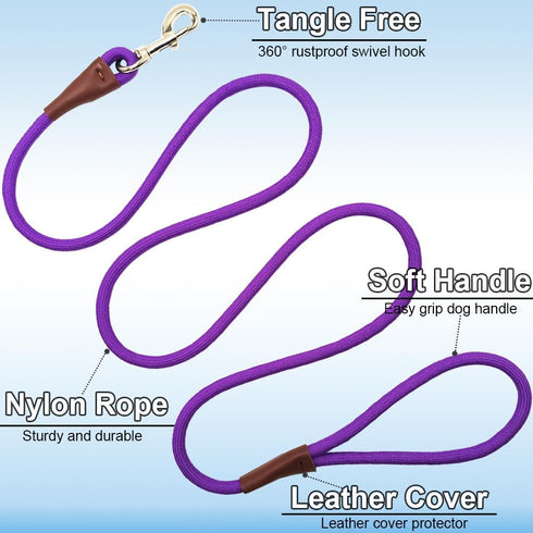 6FT/8FT/10FT Rope Dog Leash, 1/2” Strong Nylon with Leather Tailor Connection for Medium & Large Dogs