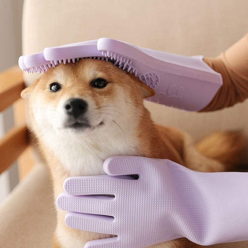 Waterproof Silicone Pet Grooming Gloves - Ambidextrous Scrubber Gloves for Dog Cat Bathing, Hair Removal, Lavender