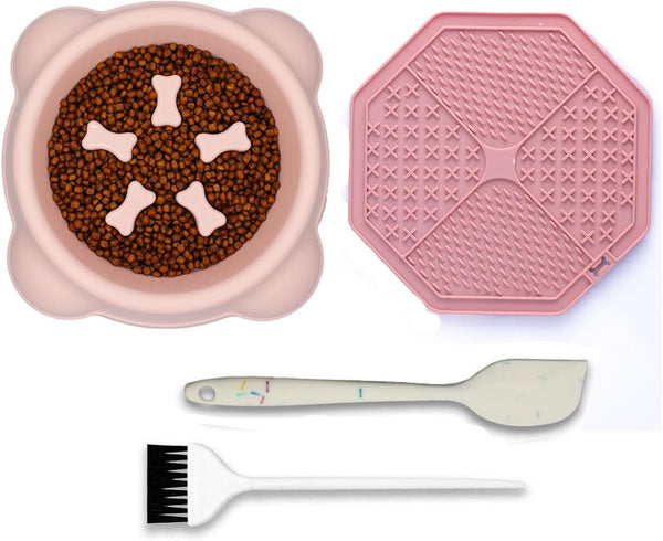 Excellent Slow Feeder Dog Bowl - Fun Alternative to Prevent Bloat for Small Medium Dogs (Pink Set)