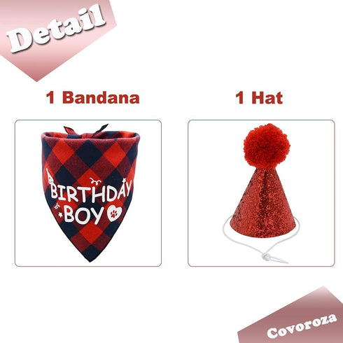 Dog Birthday Boy Bandana and Hat Set, “Birthday Boy” Print Plaid Party Supplies for Small Medium Large Pets (Red)